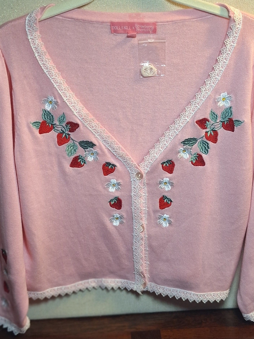 Dolls Kill Pink Embroidered Strawberry & Daisy Lace-Trim Cardigan